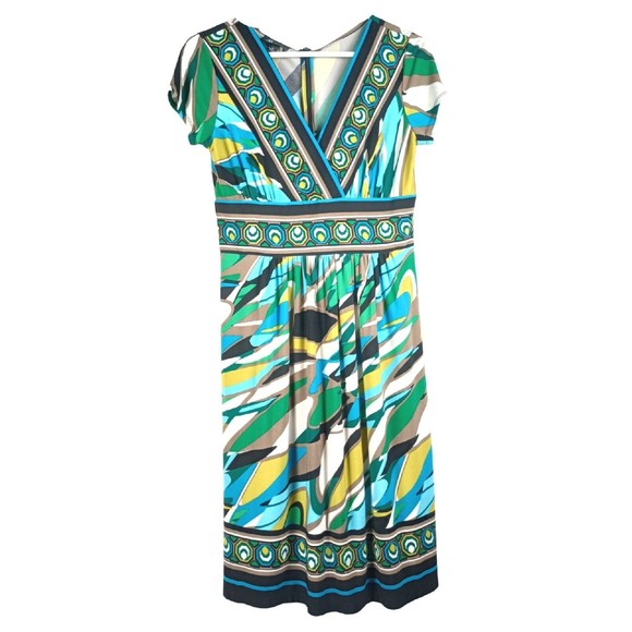 AB Studios Women's Sz M Colorful A Line Zipped Green Blue V Neck Dress - Picture 1 of 14